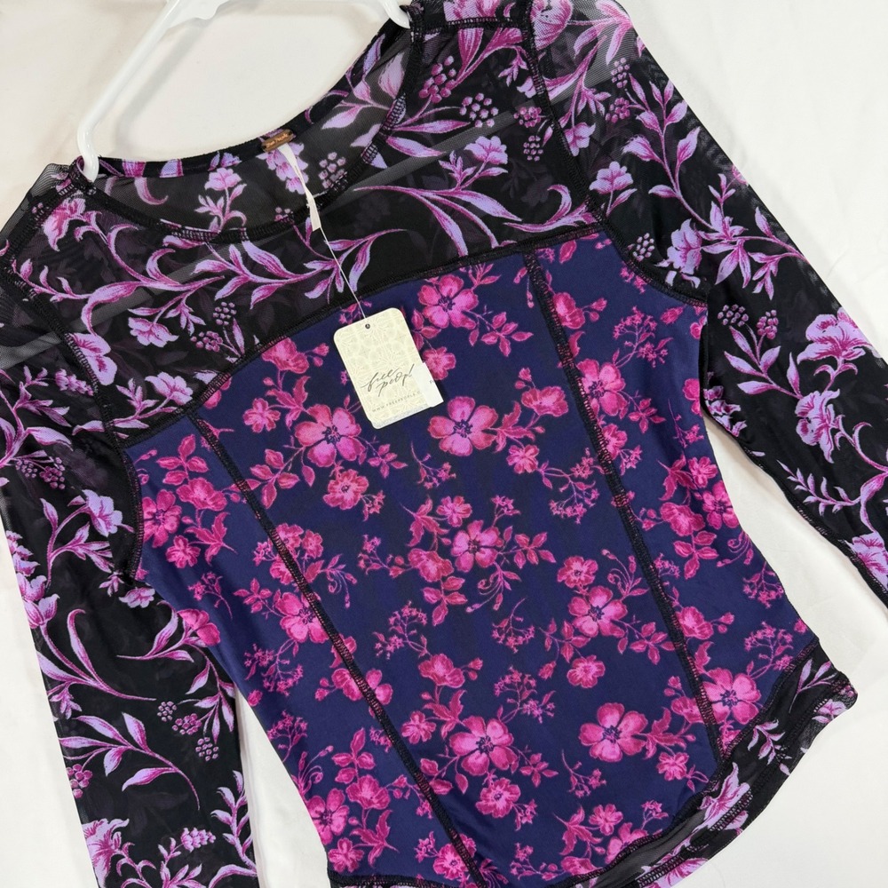 Free People Bettys Garden Top Midnight Combo Floral Mesh Long Sleeve Size Small